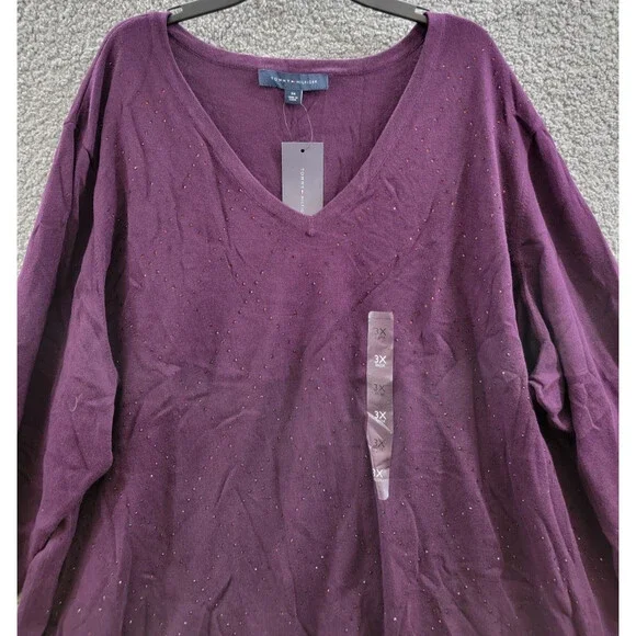 Tommy Hilfiger Plus Size Rhinestone Argyle Sweater Women's 3X Aubergine Pullover - Picture 3 of 15